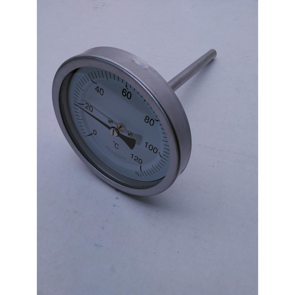 Termometro bimetallico - Cassa inox diametro 100mm - Bulbo posteriore inox aisi 316 completo di pozzetto inox aisi 316 con attacco 1/2&#34; Gas Maschio - Lunghezza 150 mm compreso filetto - Campo 0/120°C