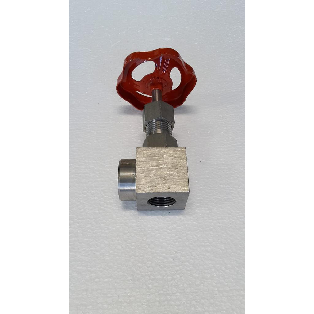 Valvola manuale a spillo a Squadra, corpo Aisi316-S3000 Psi, attacchi filettati gas FF 1/2 - Movimento con volantino Rosso