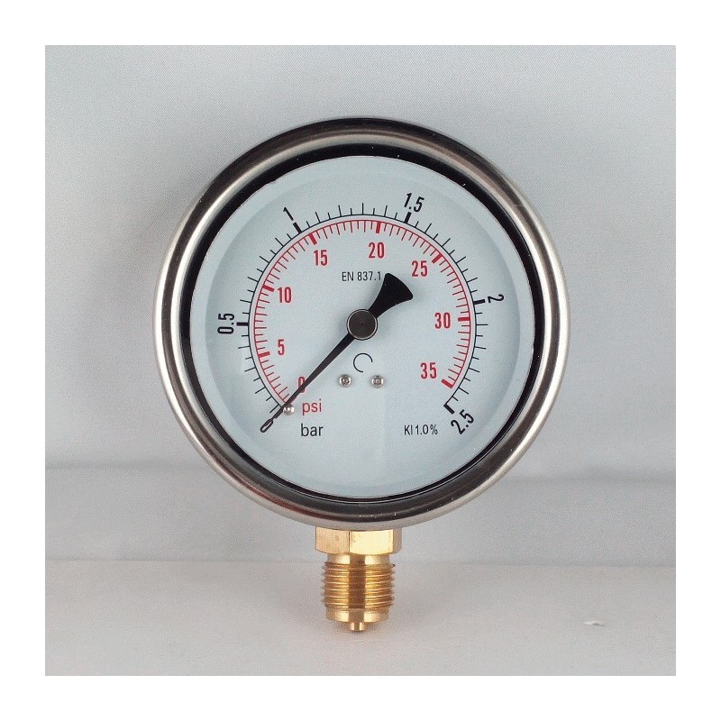 Manometro cassa inox - diametro 80 MM - per Vapore - Attacco radiale in ottone da 3/8" Filettato Gas Maschio - Campo 0-2,5 Bar - Quadrante asciutto