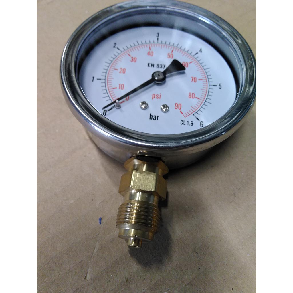 Manometro cassa inox - diametro 80 MM - per Vapore - Attacco radiale in ottone da 3/8&#34; Filettato Gas Maschio - Campo 0-6 Bar - Quadrante asciutto