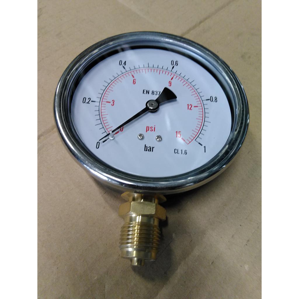 Manometro cassa inox - diametro 100 MM - per Vapore - Attacco radiale in ottone da 1/2&#34; Filettato Gas Maschio - Campo 0-1 Bar - Quadrante asciutto