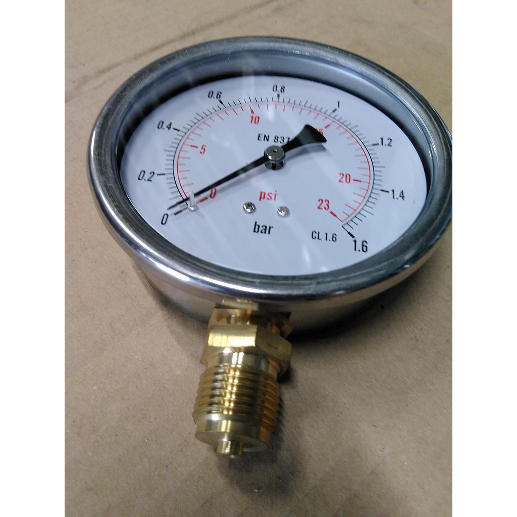 Manometro cassa inox - diametro 100 MM - per Vapore - Attacco radiale in ottone da 1/2&#34; Filettato Gas Maschio - Campo 0-1,6 Bar - Quadrante asciutto