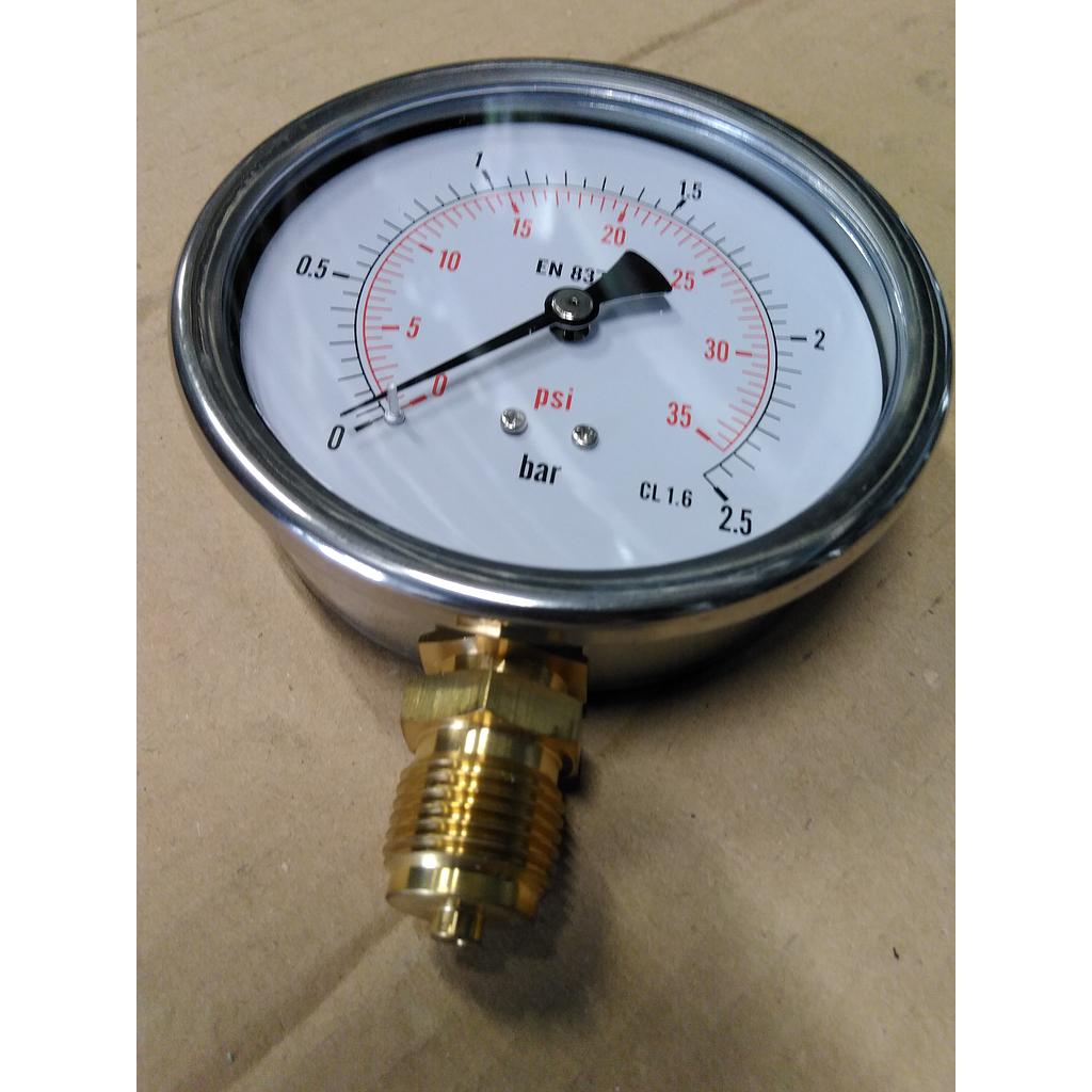 [MN02313]Manometro cassa inox - diametro 100 MM - per Vapore - Attacco radiale in ottone da 1/2&#34; Filettato Gas Maschio - Campo 0-2,5 Bar - Quadrante asciutto