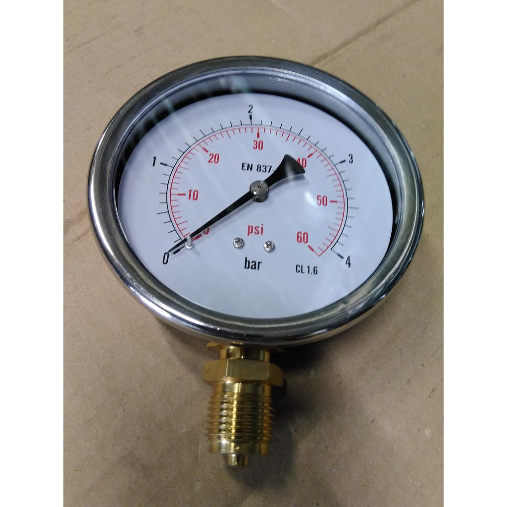 Manometro cassa inox - diametro 100 MM - per Vapore - Attacco radiale in ottone da 1/2" Filettato Gas Maschio - Campo 0-4 Bar - Quadrante asciutto