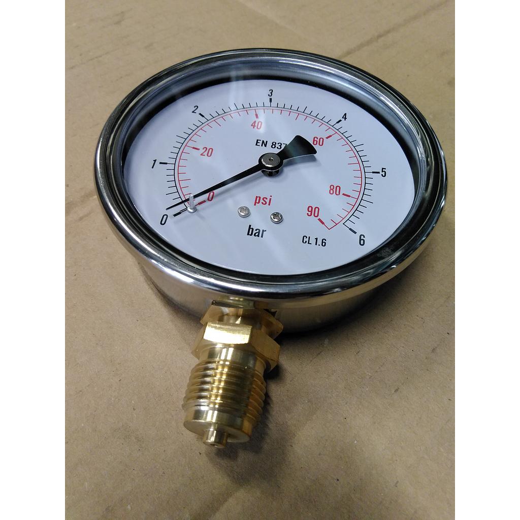 Manometro cassa inox - diametro 100 MM - per Vapore - Attacco radiale in ottone da 1/2" Filettato Gas Maschio - Campo 0-6 Bar - Quadrante asciutto