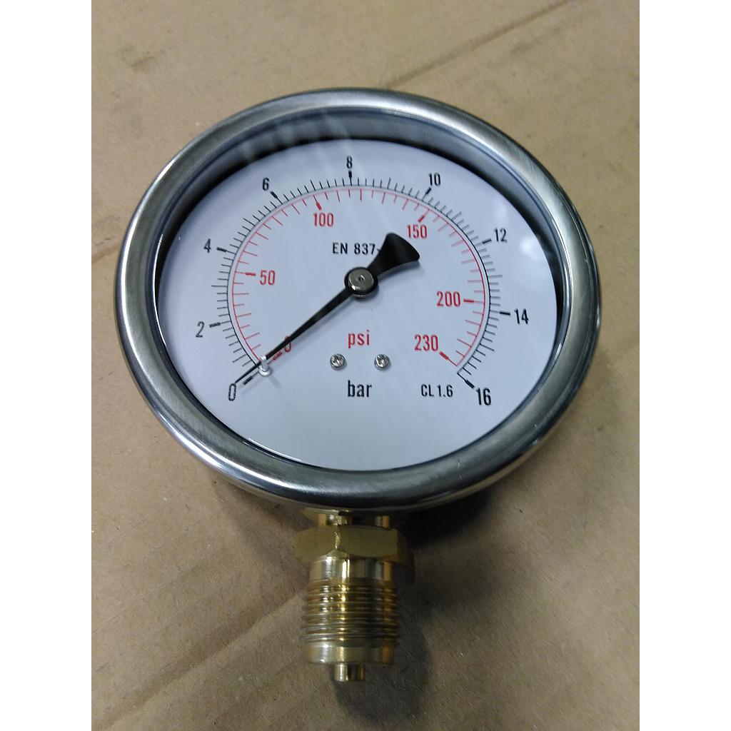 Manometro cassa inox - diametro 100 MM - per Vapore - Attacco radiale in ottone da 1/2" Filettato Gas Maschio - Campo 0-16 Bar - Quadrante asciutto