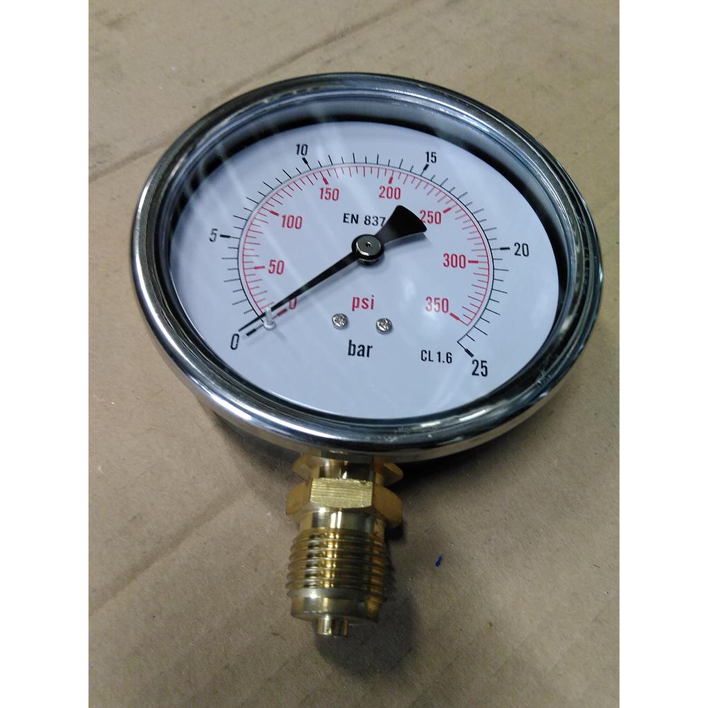 Manometro cassa inox - diametro 100 MM - per Vapore - Attacco radiale in ottone da 1/2" Filettato Gas Maschio - Campo 0-25 Bar - Quadrante asciutto