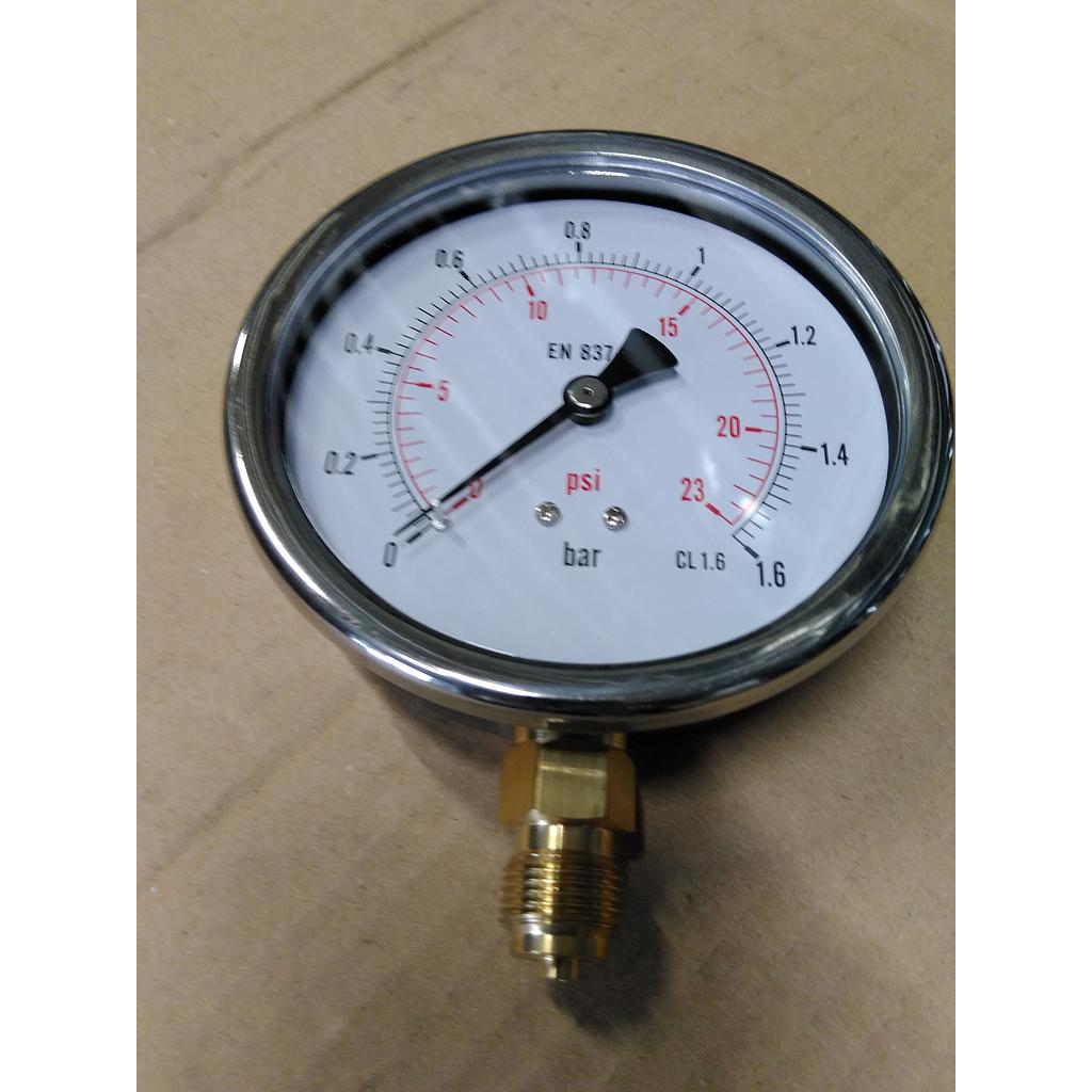 Manometro cassa inox - diametro 100 MM - per Vapore - Attacco radiale in ottone da 3/8&#34; Filettato Gas Maschio - Campo 0-1,6 Bar - Quadrante asciutto