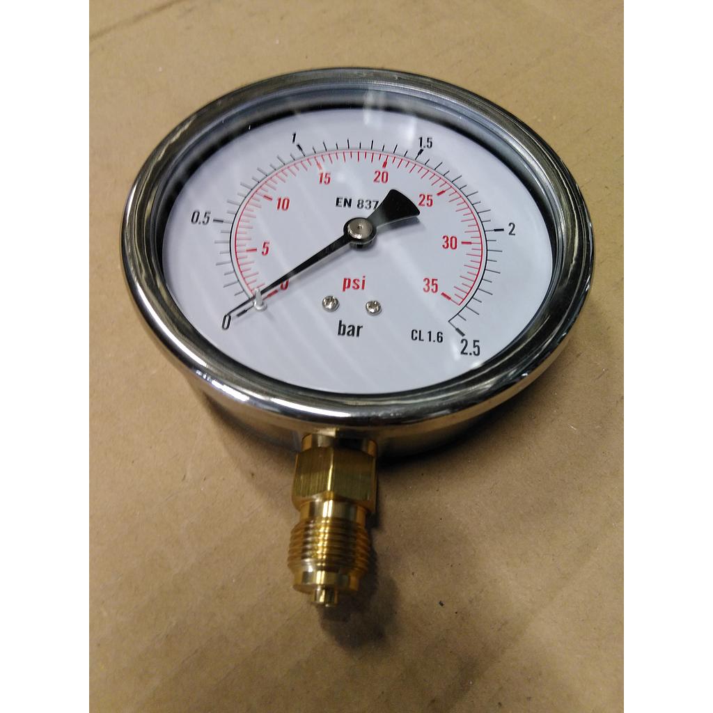Manometro cassa inox - diametro 100 MM - per Vapore - Attacco radiale in ottone da 3/8" Filettato Gas Maschio - Campo 0-2,5 Bar - Quadrante asciutto