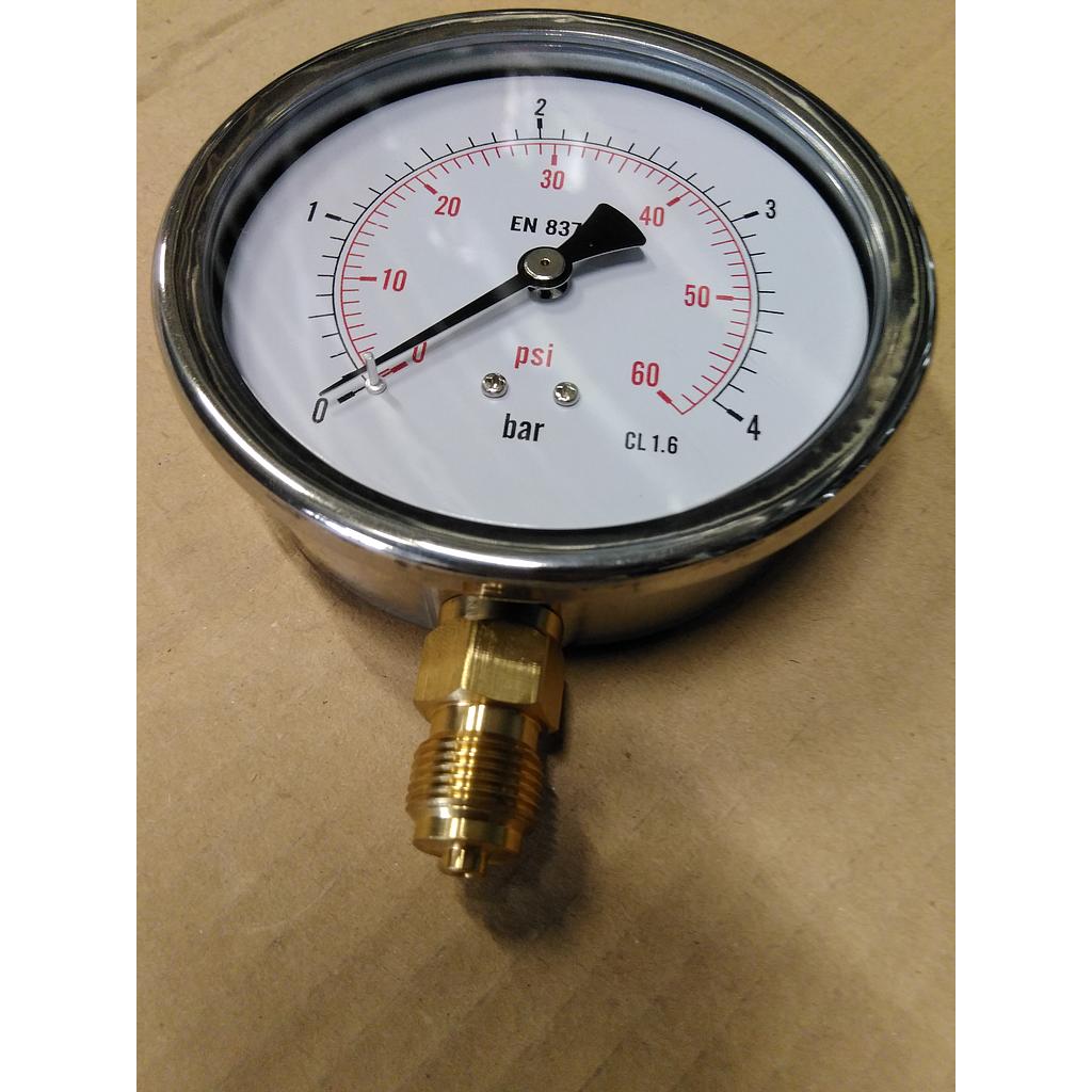 Manometro cassa inox - diametro 100 MM - per Vapore - Attacco radiale in ottone da 3/8" Filettato Gas Maschio - Campo 0-4 Bar - Quadrante asciutto