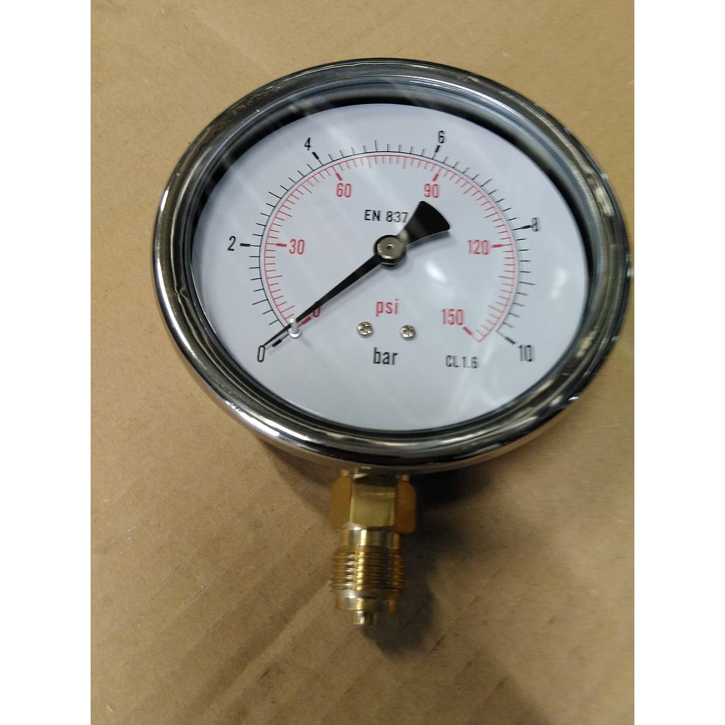 Manometro cassa inox - diametro 100 MM - per Vapore - Attacco radiale in ottone da 3/8" Filettato Gas Maschio - Campo 0-10 Bar - Quadrante asciutto
