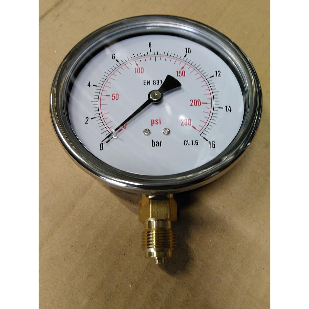 Manometro cassa inox - diametro 100 MM - per Vapore - Attacco radiale in ottone da 3/8" Filettato Gas Maschio - Campo 0-16 Bar - Quadrante asciutto