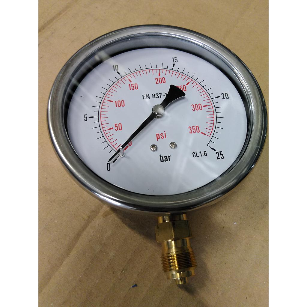 Manometro cassa inox - diametro 100 MM - per Vapore - Attacco radiale in ottone da 3/8" Filettato Gas Maschio - Campo 0-25 Bar - Quadrante asciutto