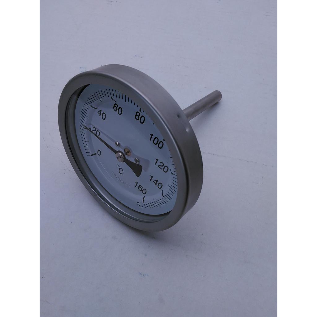 Termometro bimetallico - Cassa inox diametro 100mm - Bulbo posteriore inox aisi 316 completo di pozzetto inox aisi 316 con attacco 1/2&#34; Gas Maschio - Lunghezza 100 mm compreso filetto - Campo 0/160°C