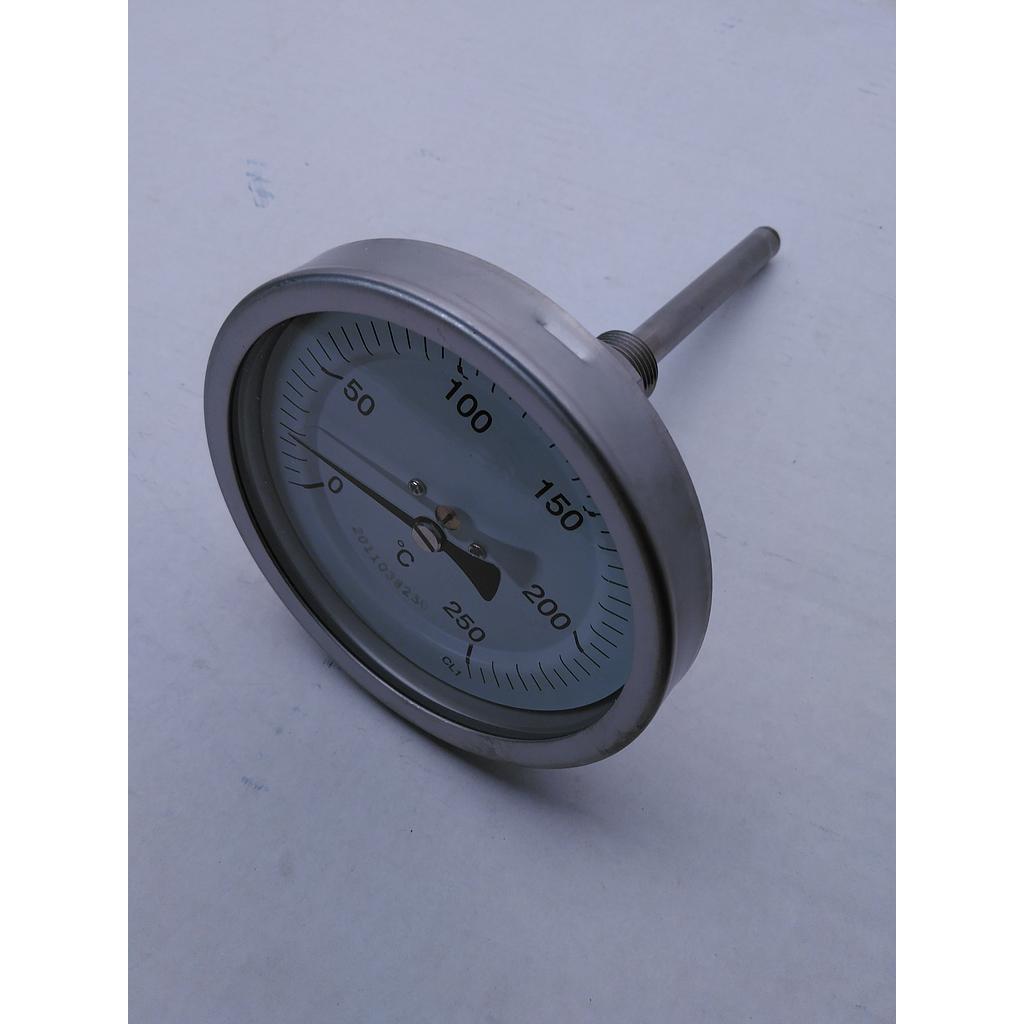 Termometro bimetallico - cassa inox D100mm - bulbo posteriore inox 316 completo di pozzetto inox 316 con attacco 1/2" GAS maschio lunghezza 80mm sotto filetto - campo 0/250°C