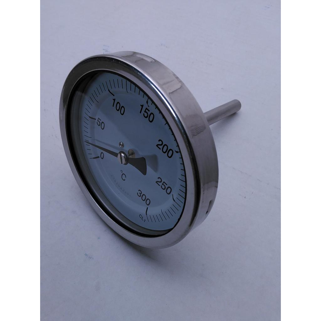 Termometro bimetallico - cassa inox  D100mm - bulbo posteriore inox 316 completo di pozzetto inox 316 con attacco 1/2" GAS maschio lunghezza 80mm sotto filetto - campo 0/300°C