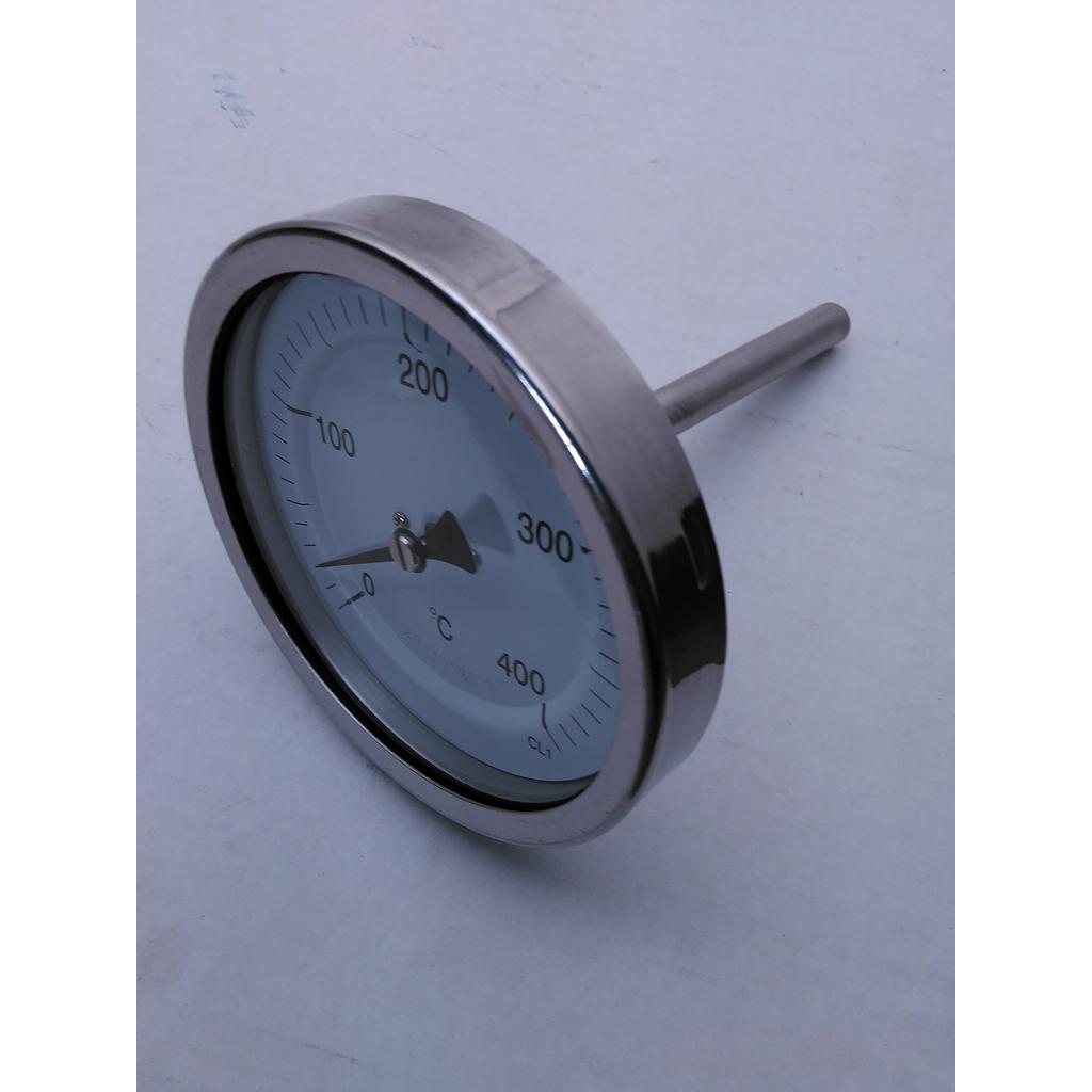 Termometro bimetallico - Cassa inox Diam. 100 mm - Bulbo posteriore inox aisi 316 - Completo di pozzetto inox aisi 316 con attacco 1/2&#34; Gas Maschio - Lunghezza 100mm - Campo 0/400°C