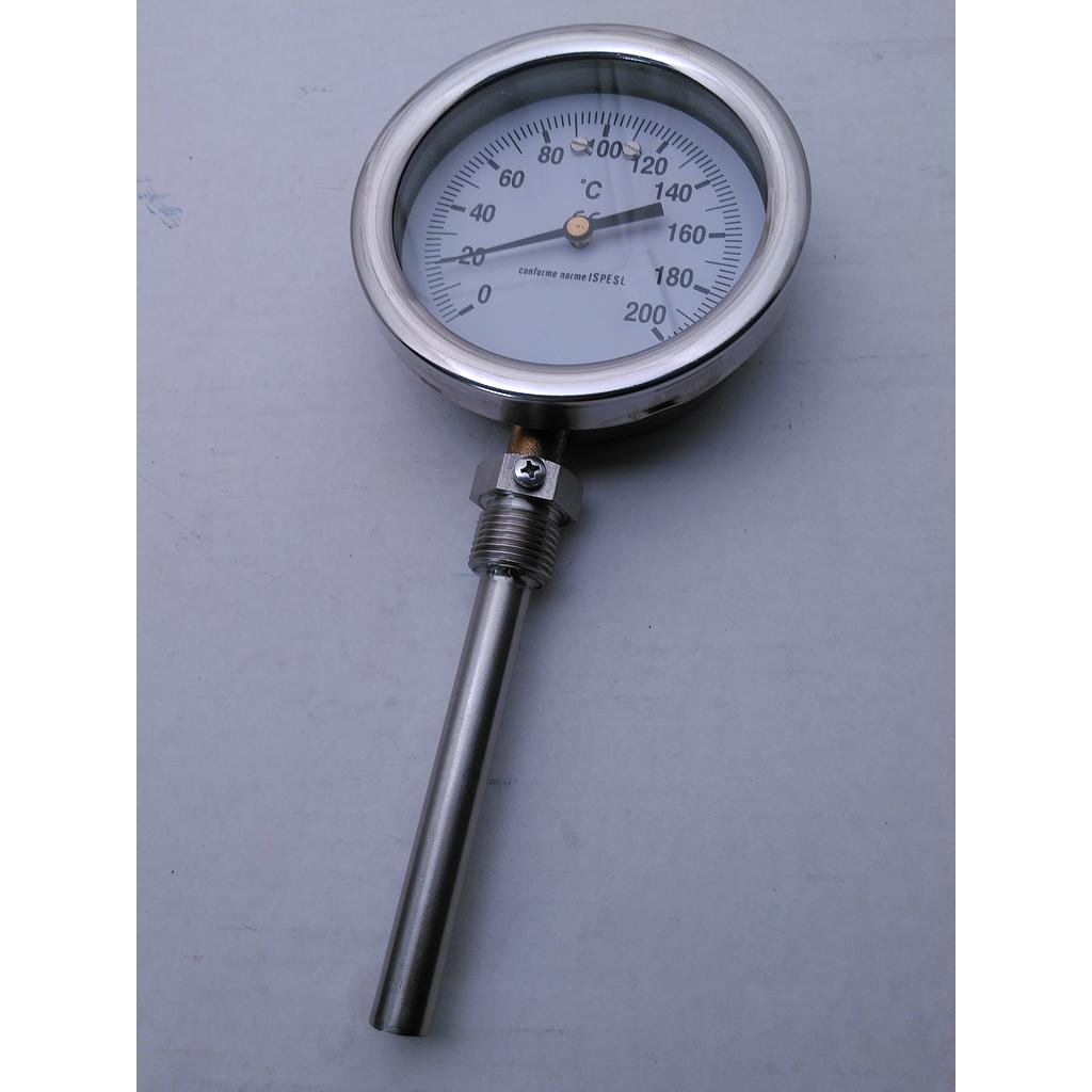 Termometro bimetallico - Cassa inox diametro 100mm - Bulbo radiale inox aisi 316 completo di pozzetto inox aisi 316 con attacco 1/2" Gas Maschio - Lunghezza 100 mm compreso filetto - Campo 0/200°C