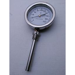 Termometro bimetallico - Cassa inox diametro 100mm - Bulbo radiale inox aisi 316 completo di pozzetto inox aisi 316 con attacco 1/2" Gas Maschio - Lunghezza 100 mm compreso filetto - Campo 0/200°C