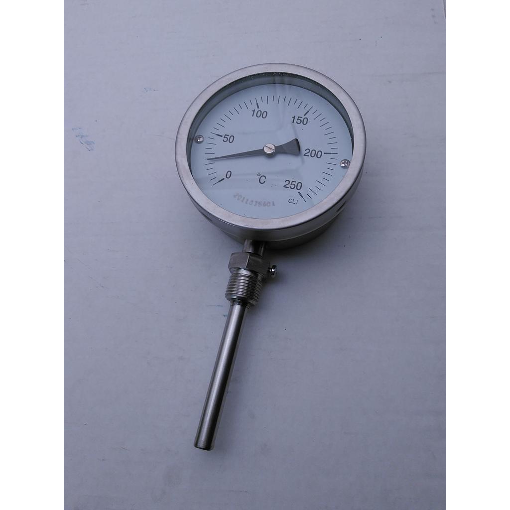 Termometro bimetallico - cassa inox D 100mm - bulbo radiale inox 316 completo di pozzetto inox 316 con attacco 1/2" GAS maschio lunghezza 100mm compreso filetto - campo 0/250°C