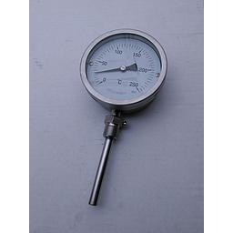 Termometro bimetallico - cassa inox D 100mm - bulbo radiale inox 316 completo di pozzetto inox 316 con attacco 1/2" GAS maschio lunghezza 100mm compreso filetto - campo 0/250°C