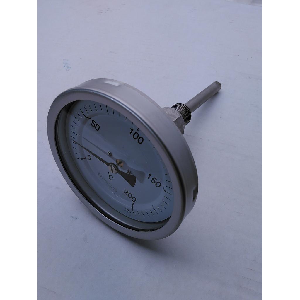 Termometro bimetallico - cassa inox D100mm - bulbo posteriore inox 316 completo di pozzetto inox 316 con attacco 1/2" GAS maschio lunghezza 80mm sotto filetto - campo 0/200°C