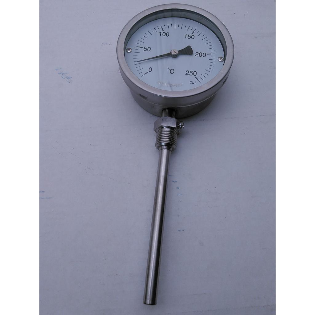Termometro bimetallico - cassa inox D 100mm - bulbo radiale inox 316 completo di pozzetto inox 316 con attacco 1/2" GAS maschio lunghezza 150mm - campo 0/250°C