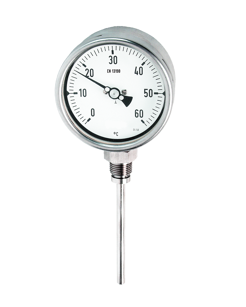 Termometro Bimetallico - Cassa in Inox - Diametro 100 mm - Bulbo Radiale - Pozzetto in Inox AISI 316 - Filettato 1/2" Gas Maschio - L=150 mm - Campo 0/250 °C