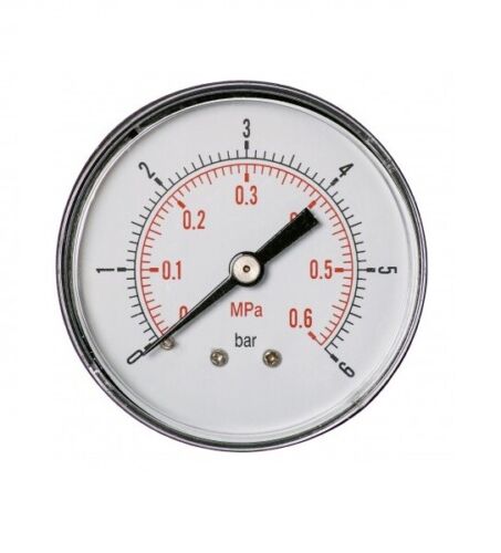 Manometro in ABS per aria compressa diam. 63 mm - campo 0-6 Bar/Psi - attacco posteriore in ottone da 1/4" Gas Maschio