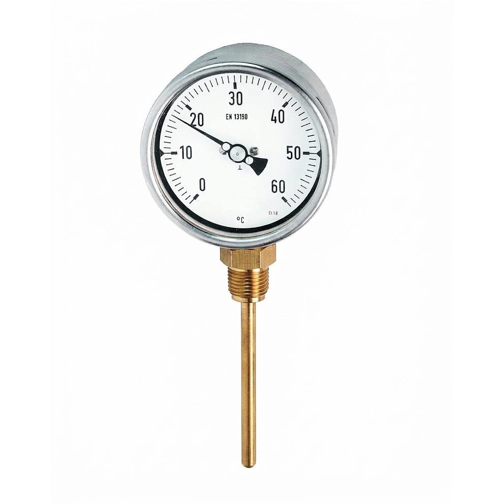Termometro Bimetallico - Cassa in Ottone - Diametro 100 mm - Bulbo Radiale - Pozzetto in Ottone - Filettato 1/2" Gas Maschio - L=100 mm - Campo 0/60 °C