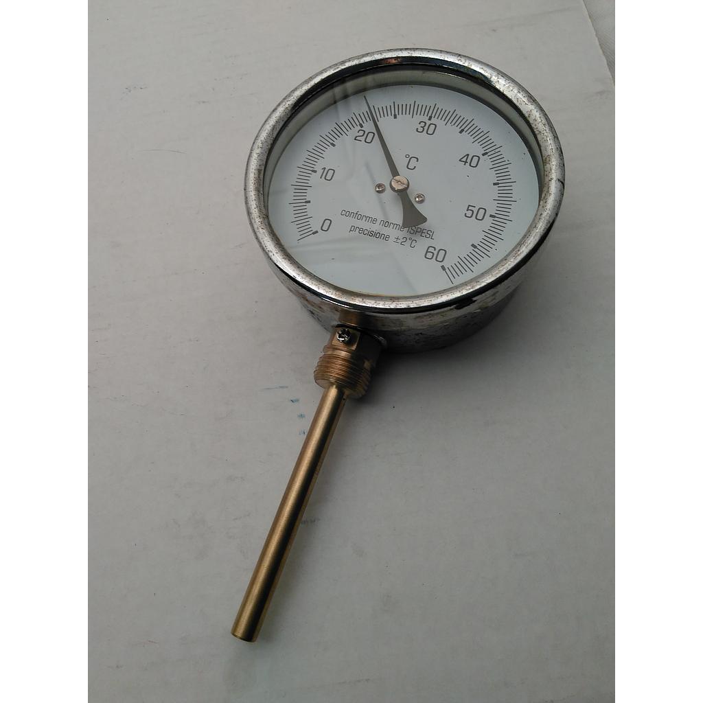 Termometro Bimetallico in Ottone - Diam. 100 mm - bulbo Radiale con Pozzetto in Ottone, filettato 1/2" G.M. L=100mm - campo 0-60° 