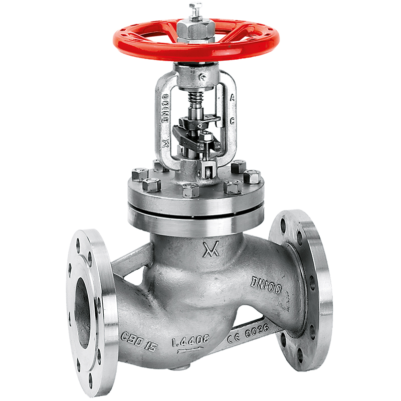 Valvola manuale DN25 PN40, corpo in acciaio inox 1.4408, flusso avviato, tenuta stelo a soffietto, coperchio a vite esterna, sedi in acciaio inox, stelo in acciaio inox AISI 316, indice d’apertura, limitatore d’alzata, dispositivo di bloccaggio, ingrassatore, controtenuta sullo stelo, tenuta otturatore: metallica - Volantino in acciaio al carbonio verniciato Rosso - Fig. 347