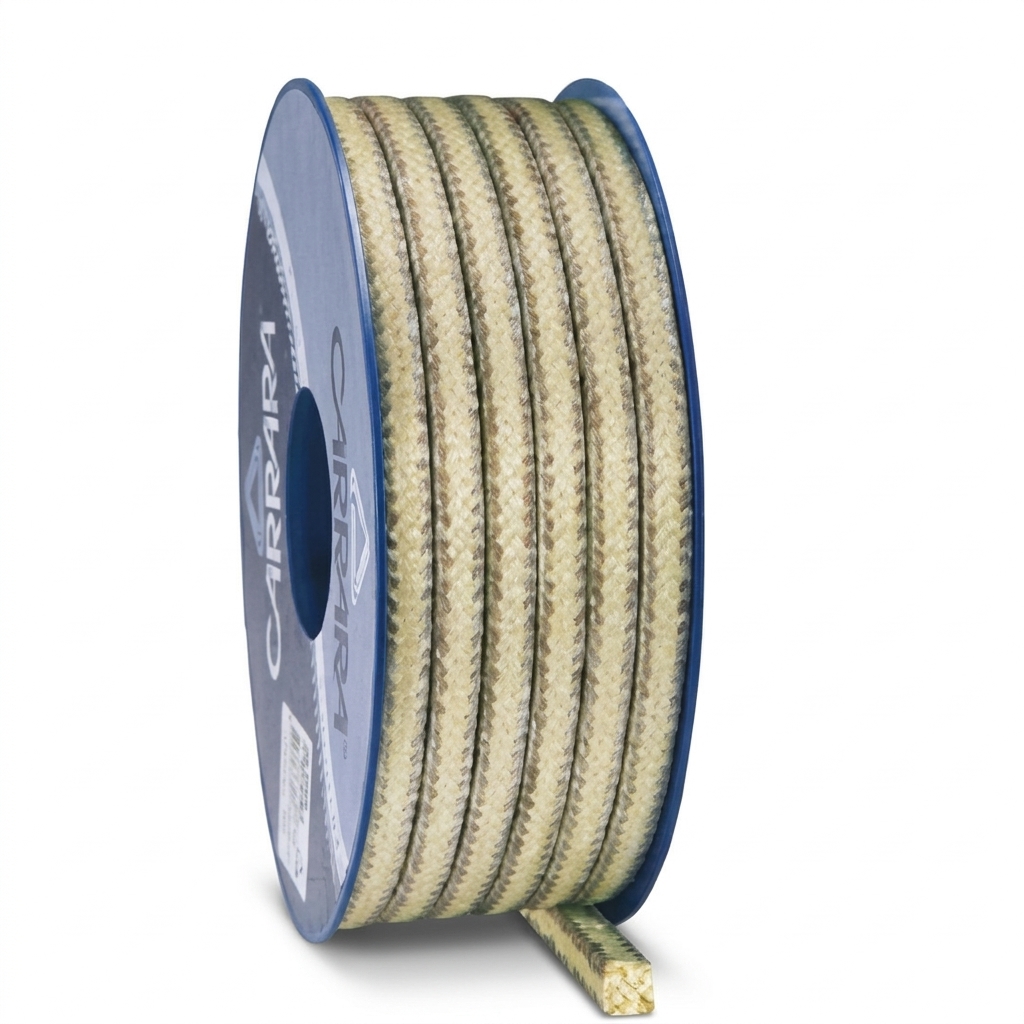Treccia Quadra DINACOMB - Fibra di Kevlar Impregnata di PTFE - Temperatura Massima 250°C - Pressione Massima 30 bar - Campo PH 3/12 - 8 x 8 mm - (Peso Teorico: 0,096 Kg/Mt +/- 10%)