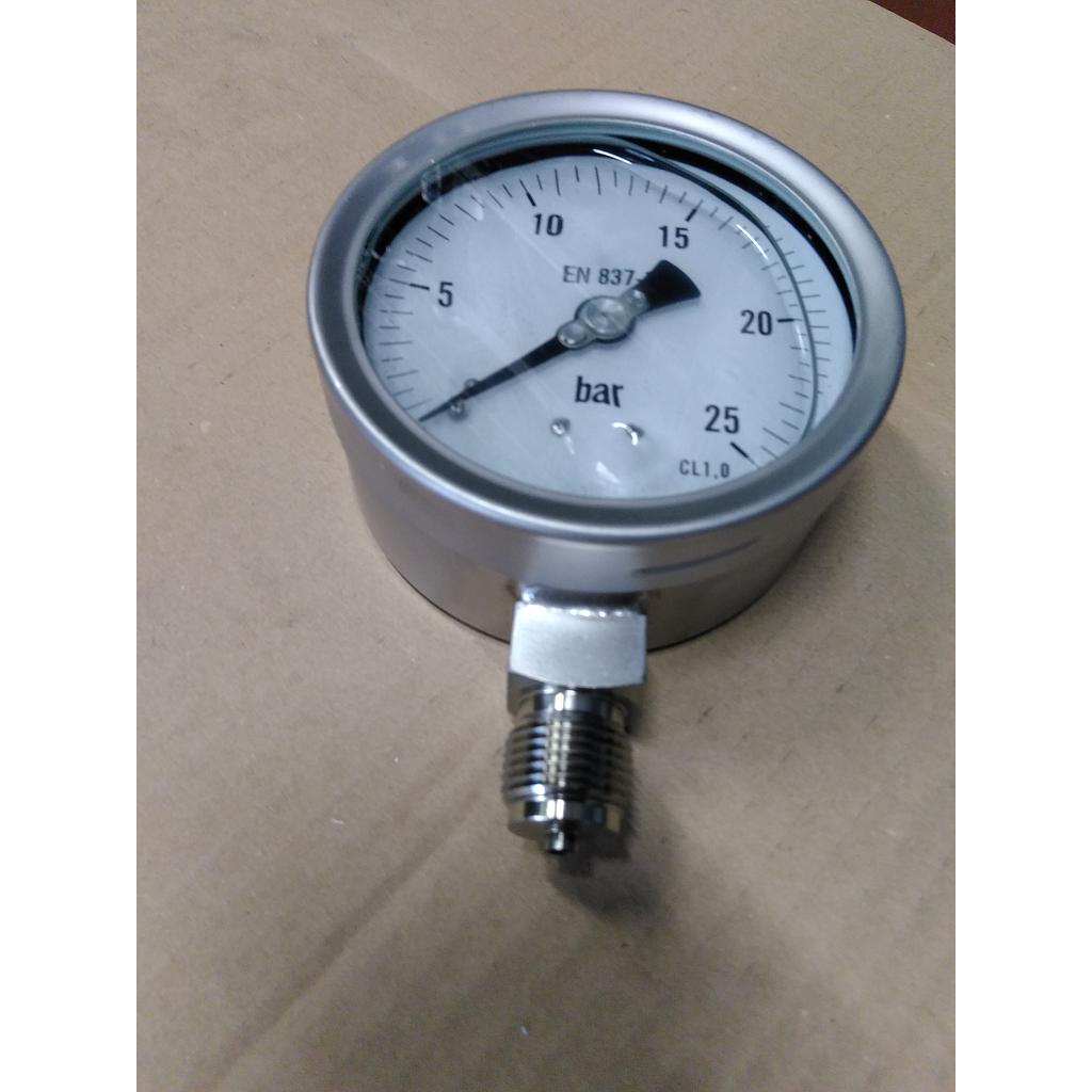 Manometro tutto inox - diametro 100 MM - Attacco radiale inox 316 da 1/2" Filettato Gas Maschio con Vite di strozzamento anti colpo d'ariete - Campo 0-25 Bar - Quadrante a bagno di Glicerina 