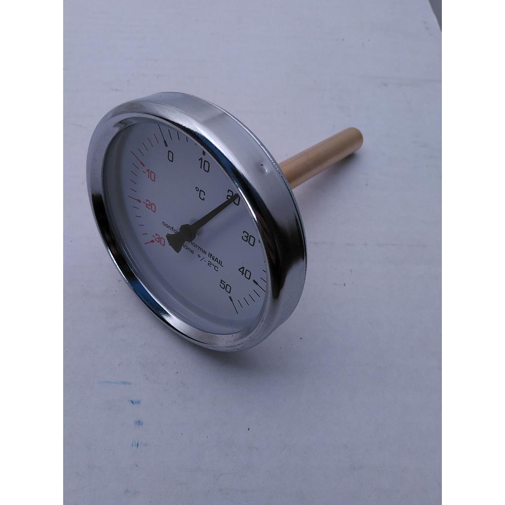 Termomometro bimetallico in Ottone - Diam. 80 mm - bulbo posteriore con pozzetto in ottone, filettato 1/2" G.M. L=50mm - campo -30°/+50°