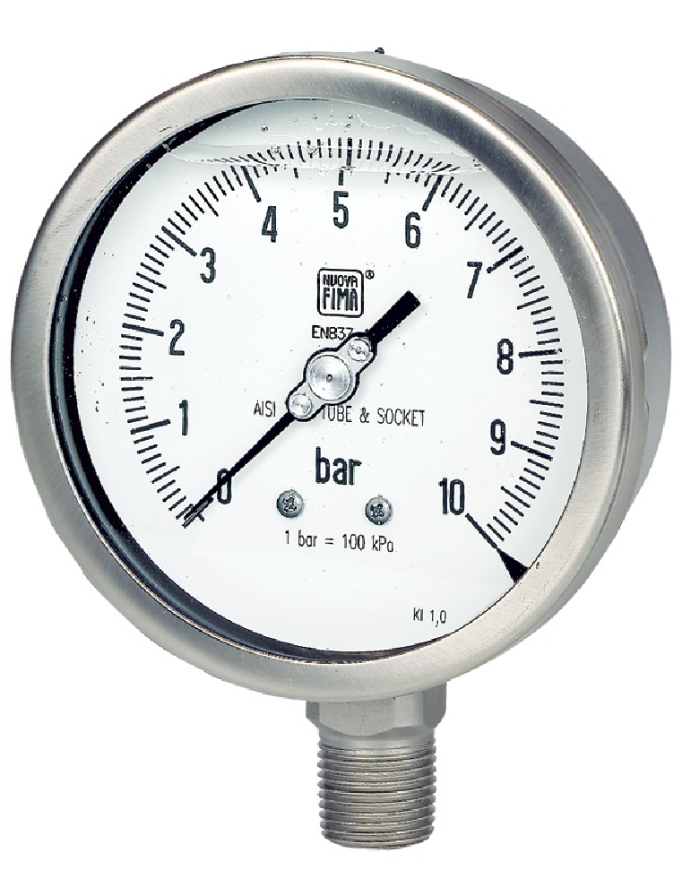 Manometro tutto inox - diametro 100 MM - Attacco radiale inox 316 da 1/2" Filettato Gas Maschio - Campo 0-1 Bar - Quadrante a bagno di Glicerina - Cl.1,0