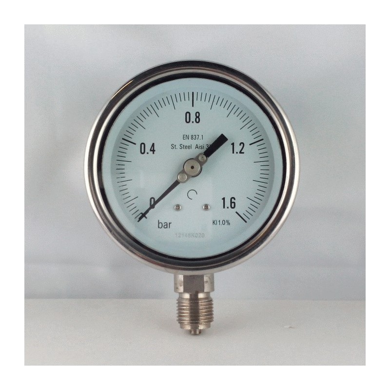 Manometro cassa inox - diametro 100 MM - Attacco radiale inox da 1/2" Filettato Gas Maschio - Campo 0-1,6 Bar - Quadrante asciutto