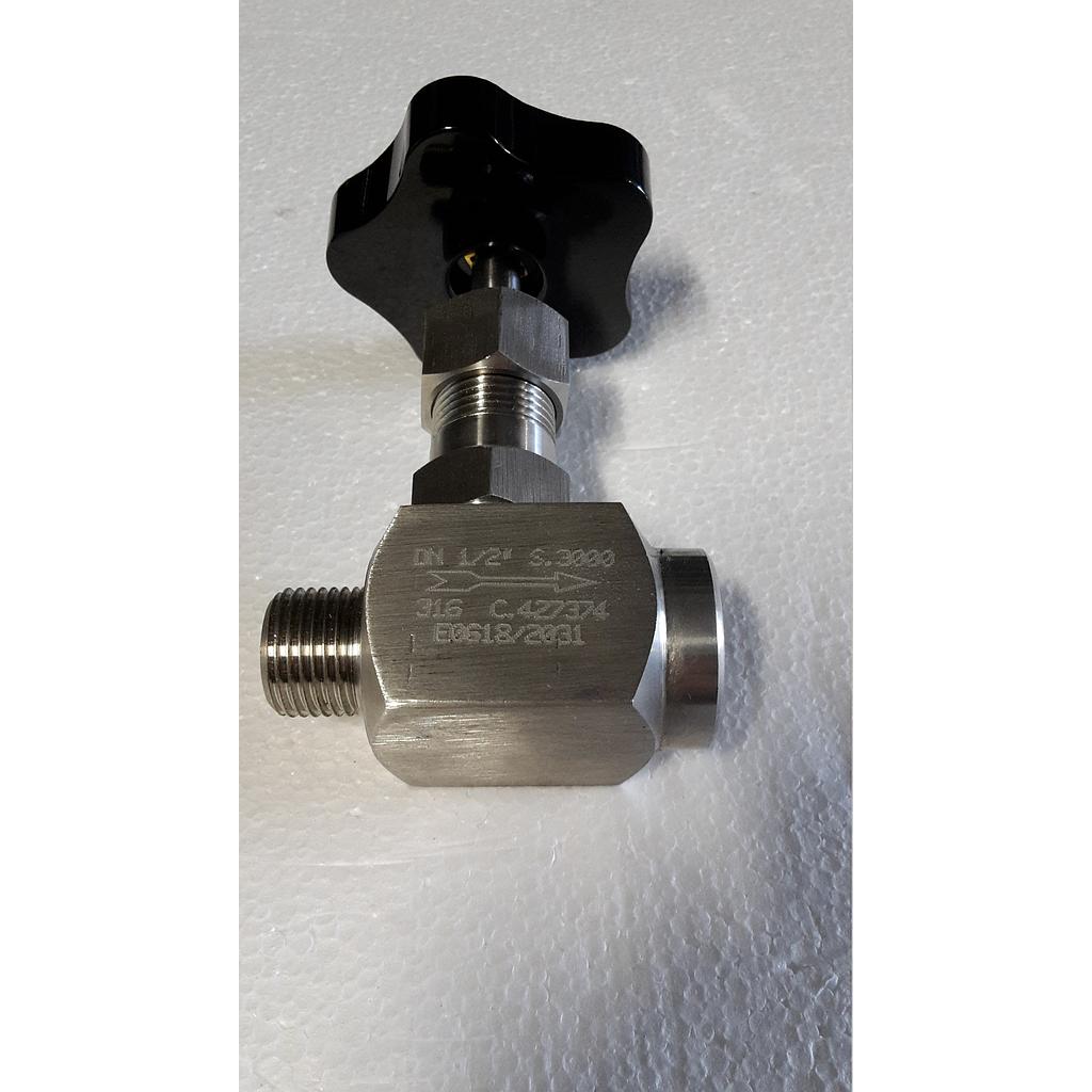 Rubinetto porta manometro a spillo, corpo Aisi316 da barra S3000, attacchi filettati gas MF 1/2, modello'semplice' - volantino in Bakelite nero.- mod.P001.TEV.