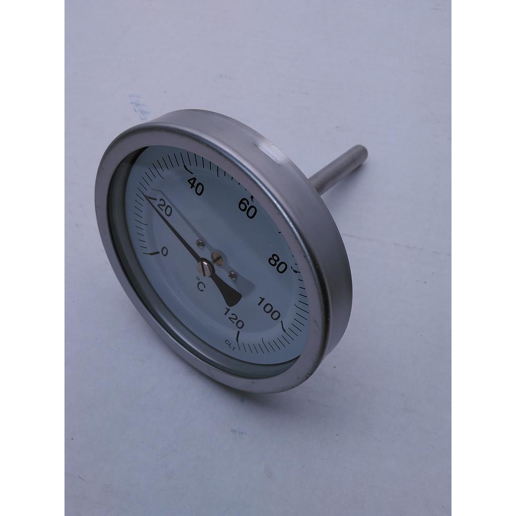Termometro bimetallico - cassa inox diam. 100mm - bulbo posteriore inox 316 completo di pozzetto inox 316 con attacco 1/2" GAS maschio lunghezza 100mm - campo -20/+40°C 