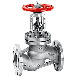 Valvola manuale DN50 PN40, corpo in acciaio inox 1.4408, flusso avviato, tenuta stelo a soffietto, coperchio a vite esterna, sedi in acciaio inox, stelo in acciaio inox AISI 316, indice d’apertura, limitatore d’alzata, dispositivo di bloccaggio, ingrassatore, controtenuta sullo stelo, tenuta otturatore: metallica - Volantino in acciaio al carbonio verniciato Rosso - Fig. 347 
